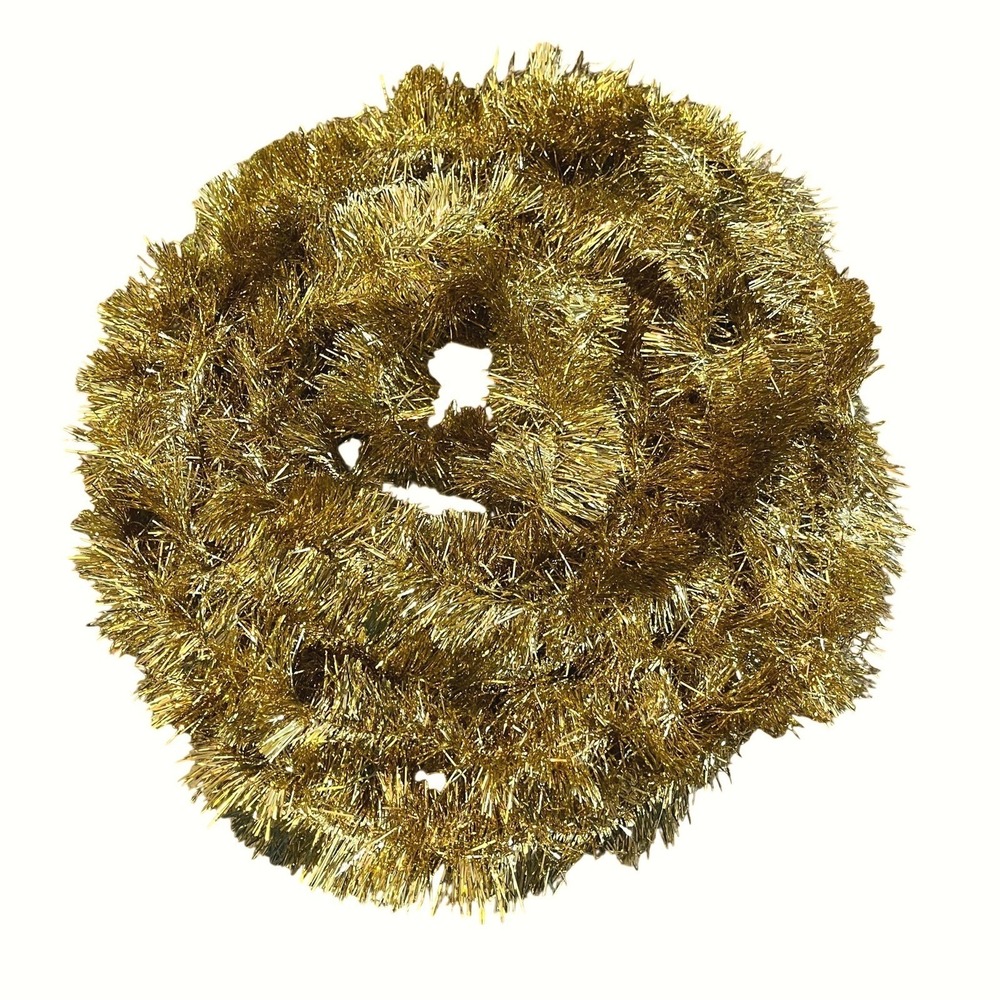 Vtg MCM Christmas Double Glo Tinsel Garland‎ Shiny Soft Fluffy gold 16 ft Long